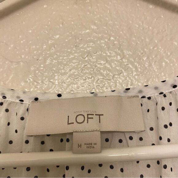 LOFT white semi sheer micro polka dot blouse preppy coastal summer top -M - Picture 8 of 11
